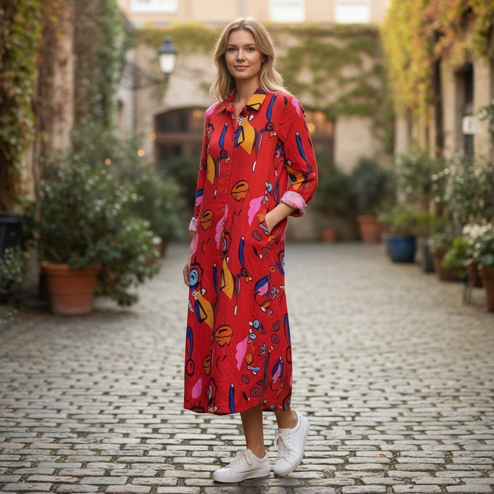 Zanzea Abstract Face Print Maxi Dress Womens Small Red Cotton Button Down Duster